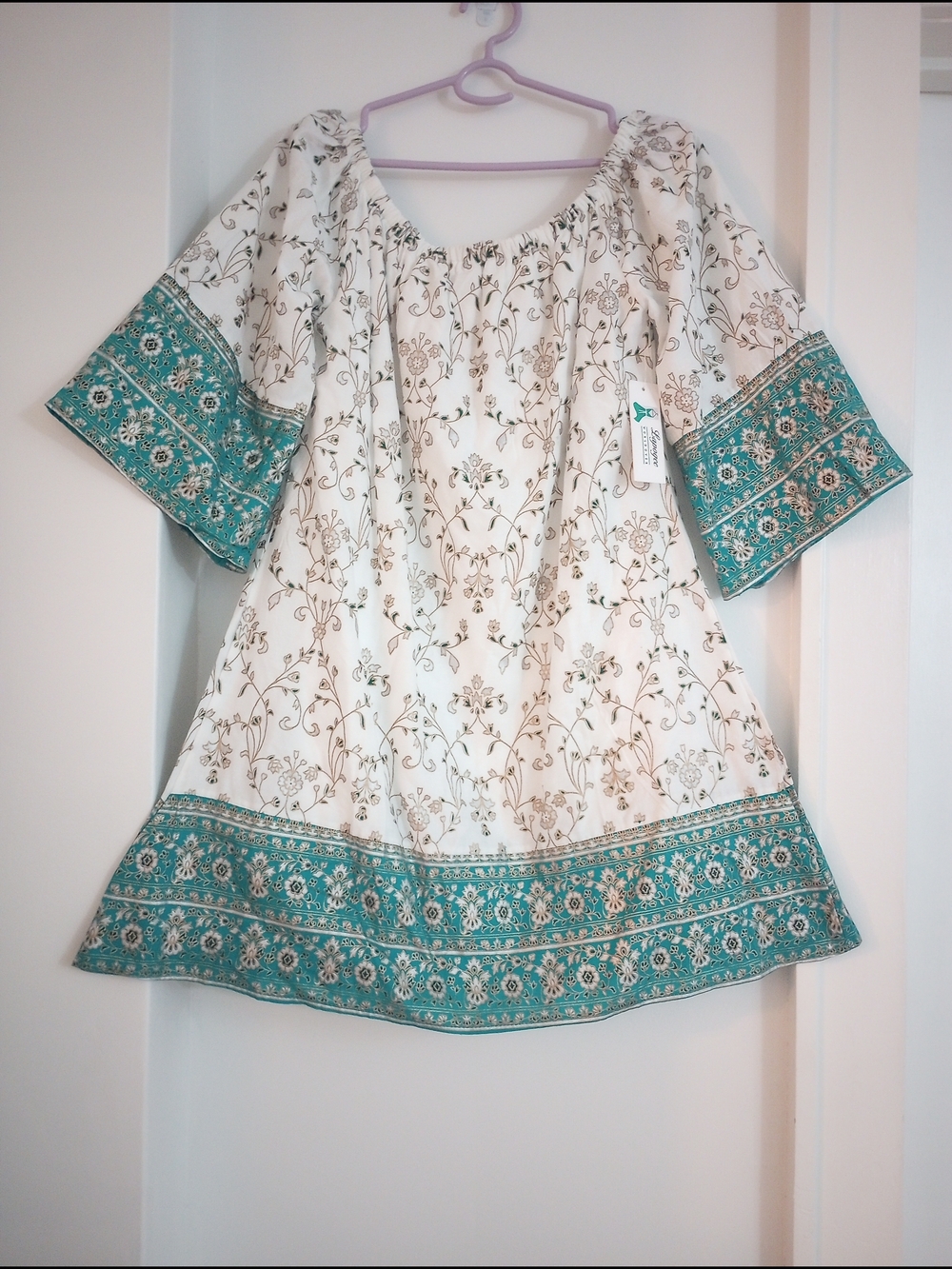 Lapogee Boho White Teal Green Floral Peasant Wide Long Sleeve Dress Size Medium
